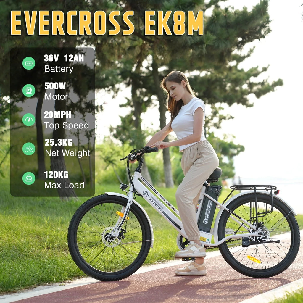 EVERCROSS Electric Bike, 26" Ebike, 500W Electric Bike for Adults, 36V Removable Battery, Max.speed 19.9MPH Electric Bicycle with LED Display, White