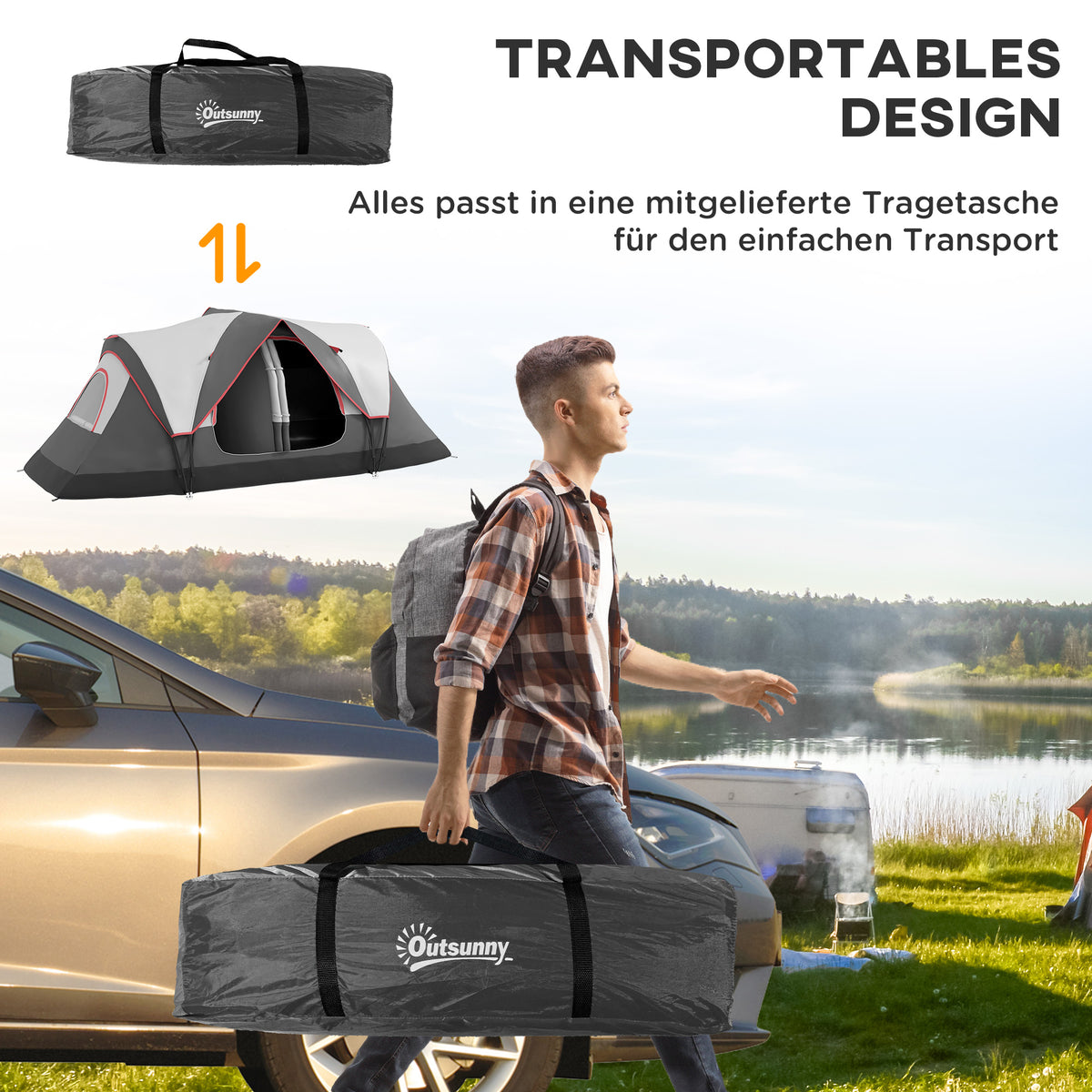 Outsunny Campingzelt, 2 Räume, Trennwand, für 6-8 Personen, Regenschutz, Grau