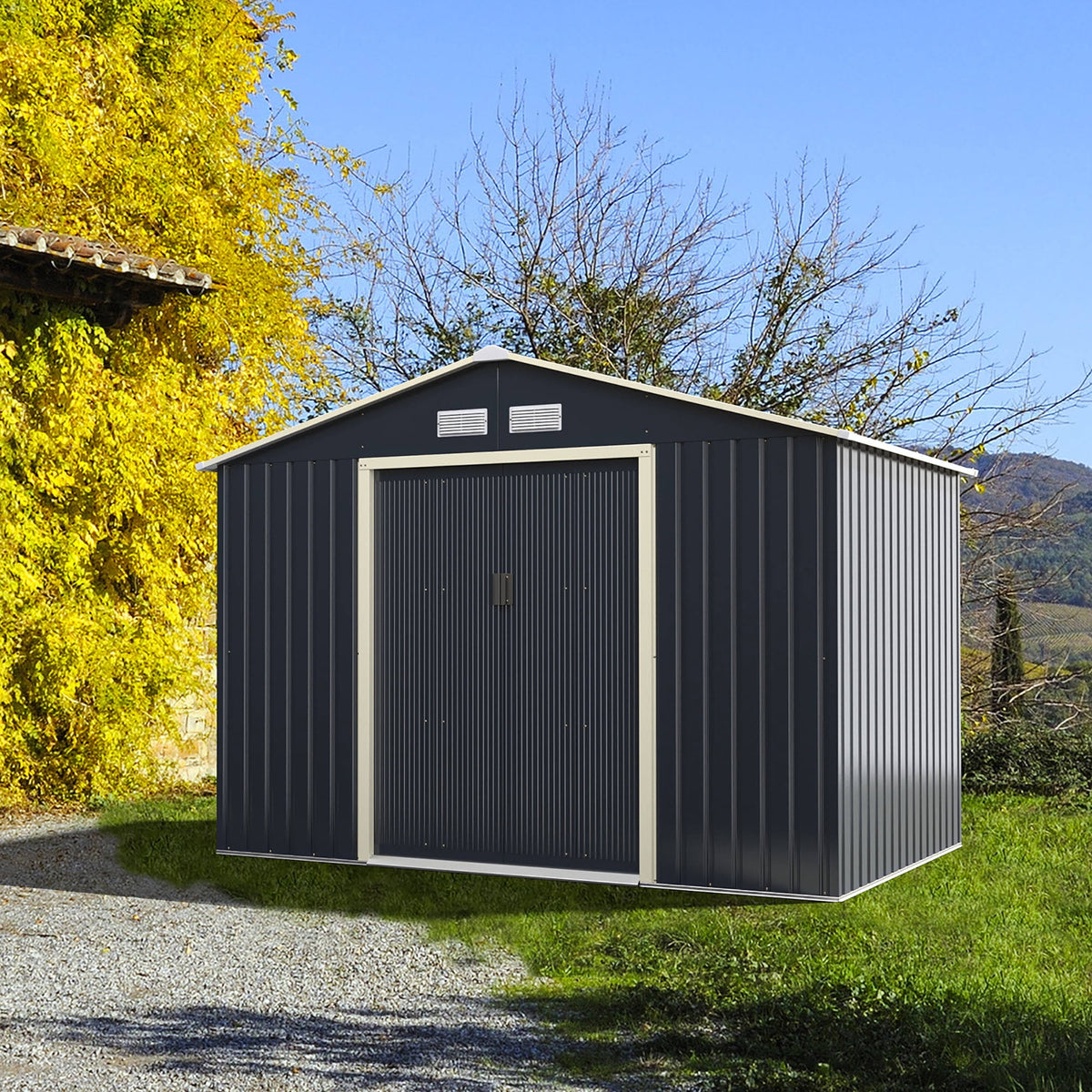 Costway Metal Storage Shed for Garden and Tools w/Sliding Double Lockable Doors, Size: 9.1 ft x 6.3 ft x 6.6 ft, Gray