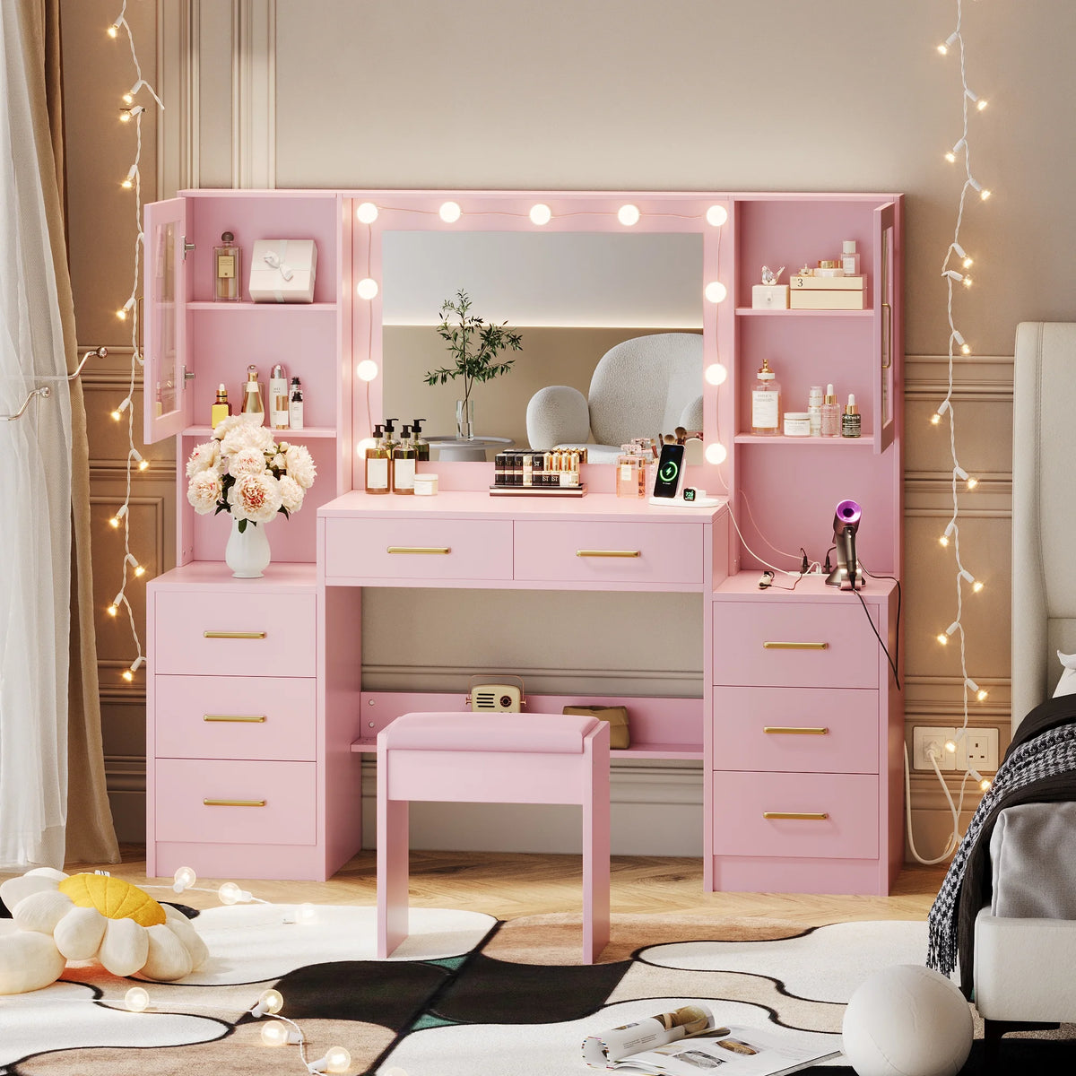 UGTOO 58.3" White Vanity Desk with Mirror, Adjustable Lighting, Power Outlet, Drawers, with Stool