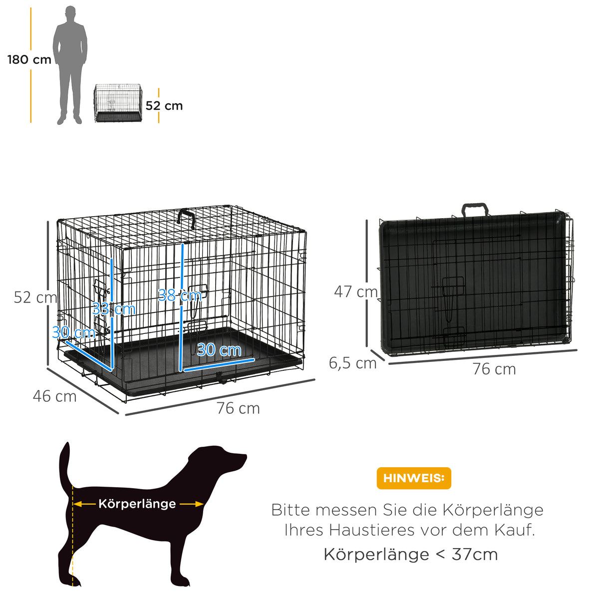 PawHut Hundekäfig, Transportkäfig, Drahtkäfig, herausnehmbare Bodenwanne, Schwarz