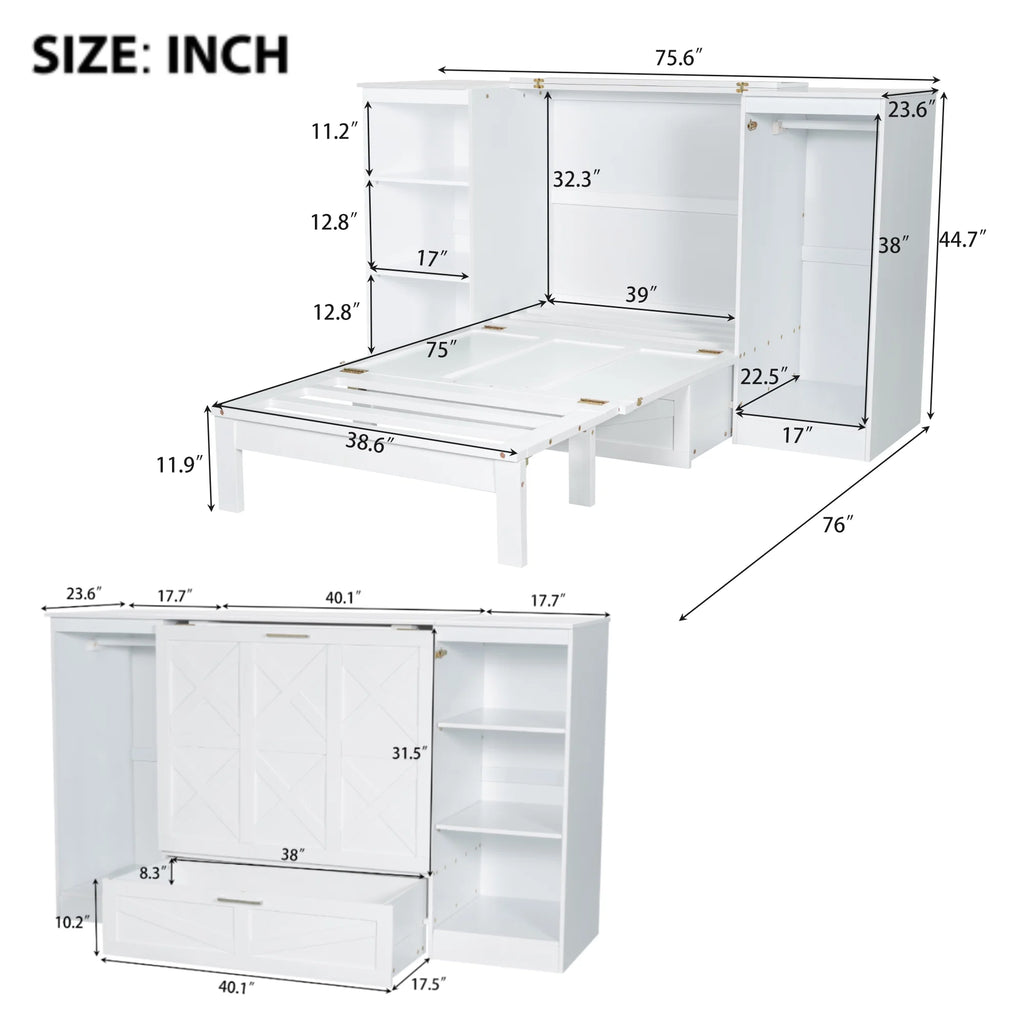 Euroco Wood Twin Size Murphy Bed with Wardrobe and Shelves for Kids Teens Living Room