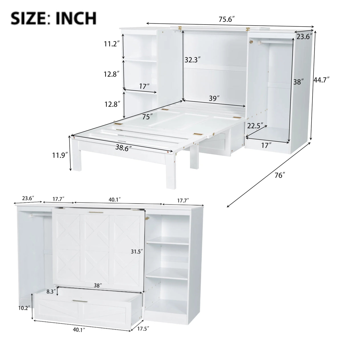 Euroco Wood Twin Size Murphy Bed with Wardrobe and Shelves for Kids Teens Living Room