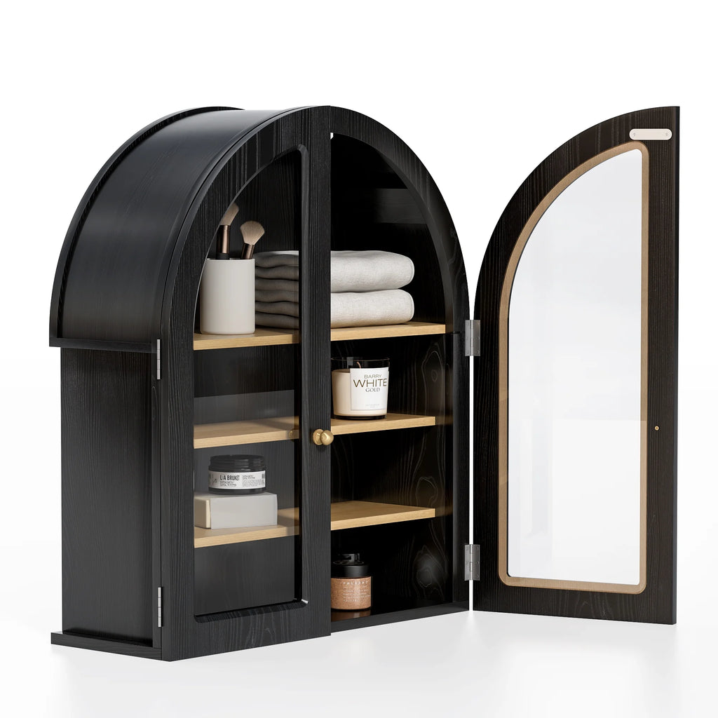 EYYTHUNG Modern Arched Wall Cabinet, Large Medicine Cupboard, Black Cabinet for Bathroom with Adjustable Shelf, Black Oak