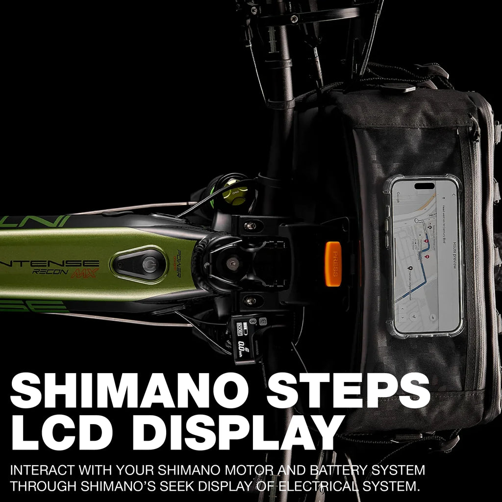 INTENSE RECON MX Adventure Adult S/M Electric Mountain Bike with Shimano Steps E7000 Motor, 11 - Speed Gears, 27.5" Wheels, DVO Suspension, 504 Wh Integrated Battery, Custom Rack and Bag Set Included