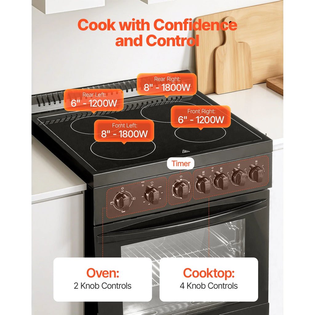 KFFKFF 24 - Inch Electric Range Oven, 2.7 Cu. Ft. Compact Freestanding Design, Stainless Steel Finish, Features 4 Burners, Adjustable Racks, Storage Drawer, Drip Pan, and Indicator Light, Black
