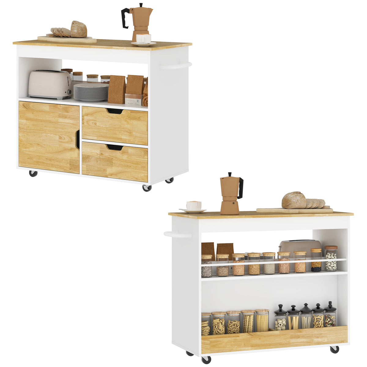HOMCOM Küchenwagen, Rollbare Kücheninsel, Küchen-Trolley mit Fächern, Schrank und Arbeitsfläche, Weiß