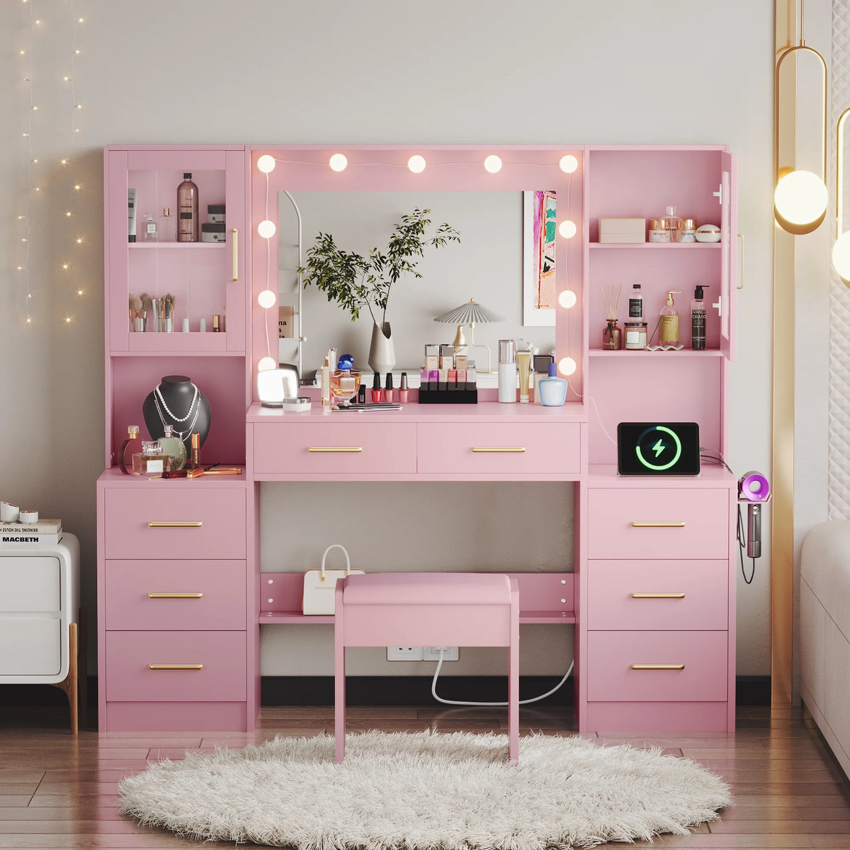 UGTOO 58.3" White Vanity Desk with Mirror, Adjustable Lighting, Power Outlet, Drawers, with Stool