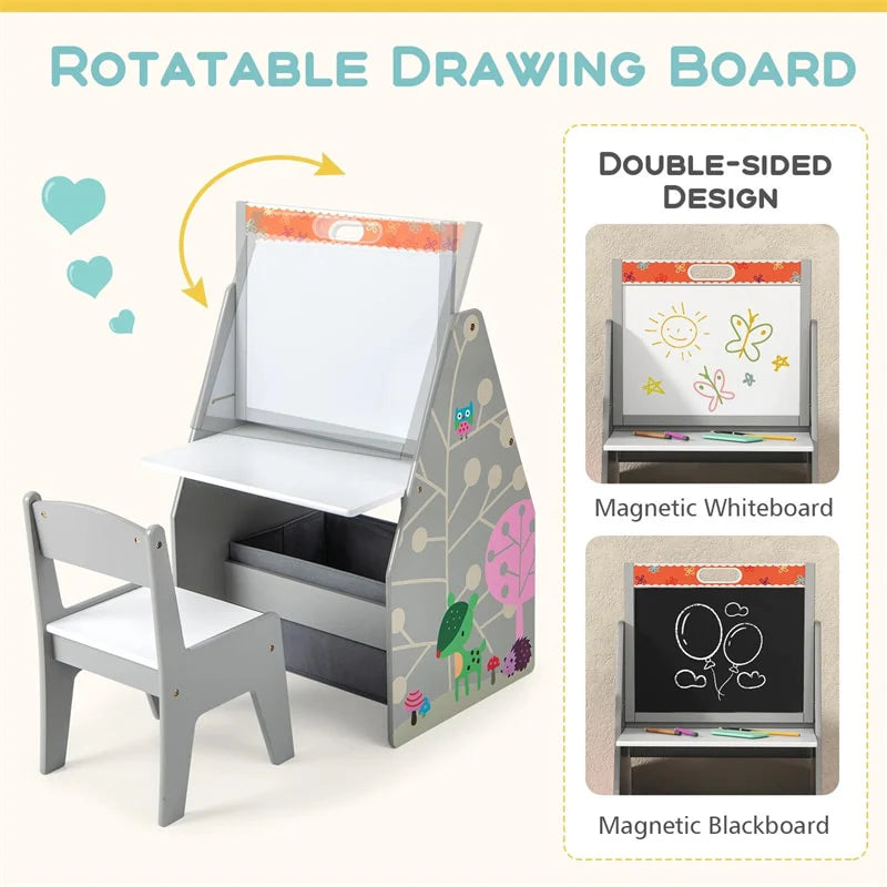 3-in-1 Kids Art Easel with Chair, Wooden Toddler Easel Table & Chair Set w/ Double-Sided Magnetic Whiteboard & Chalkboard, Bookshelf, Storage