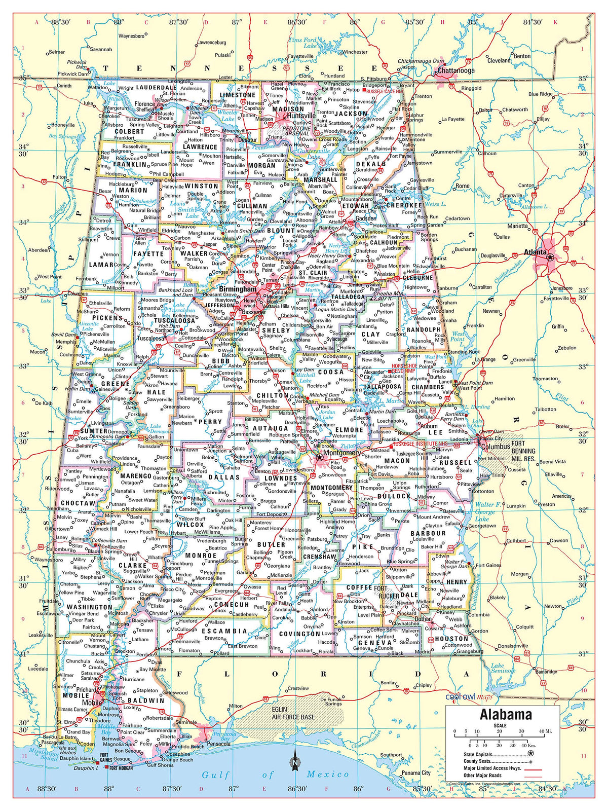 Cool Owl Maps Alabama State Wall Map Poster Rolled (Laminated 24"x32")