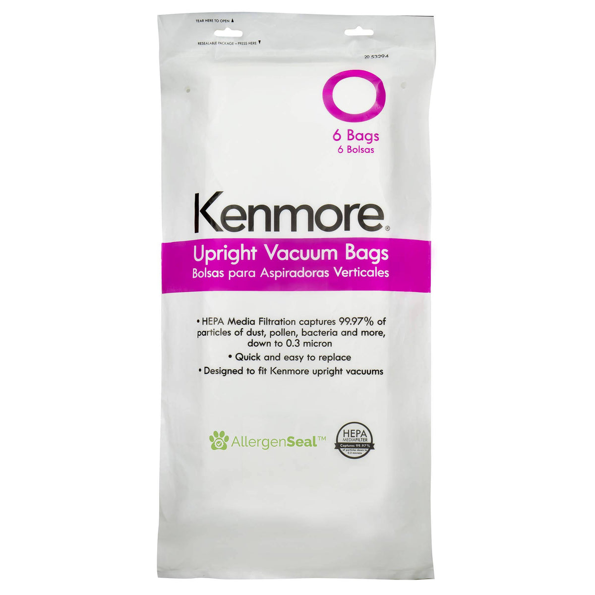 Kenmore 53294 Type O Vacuum Bags HEPA for Upright Vacuums Style 6 Pack