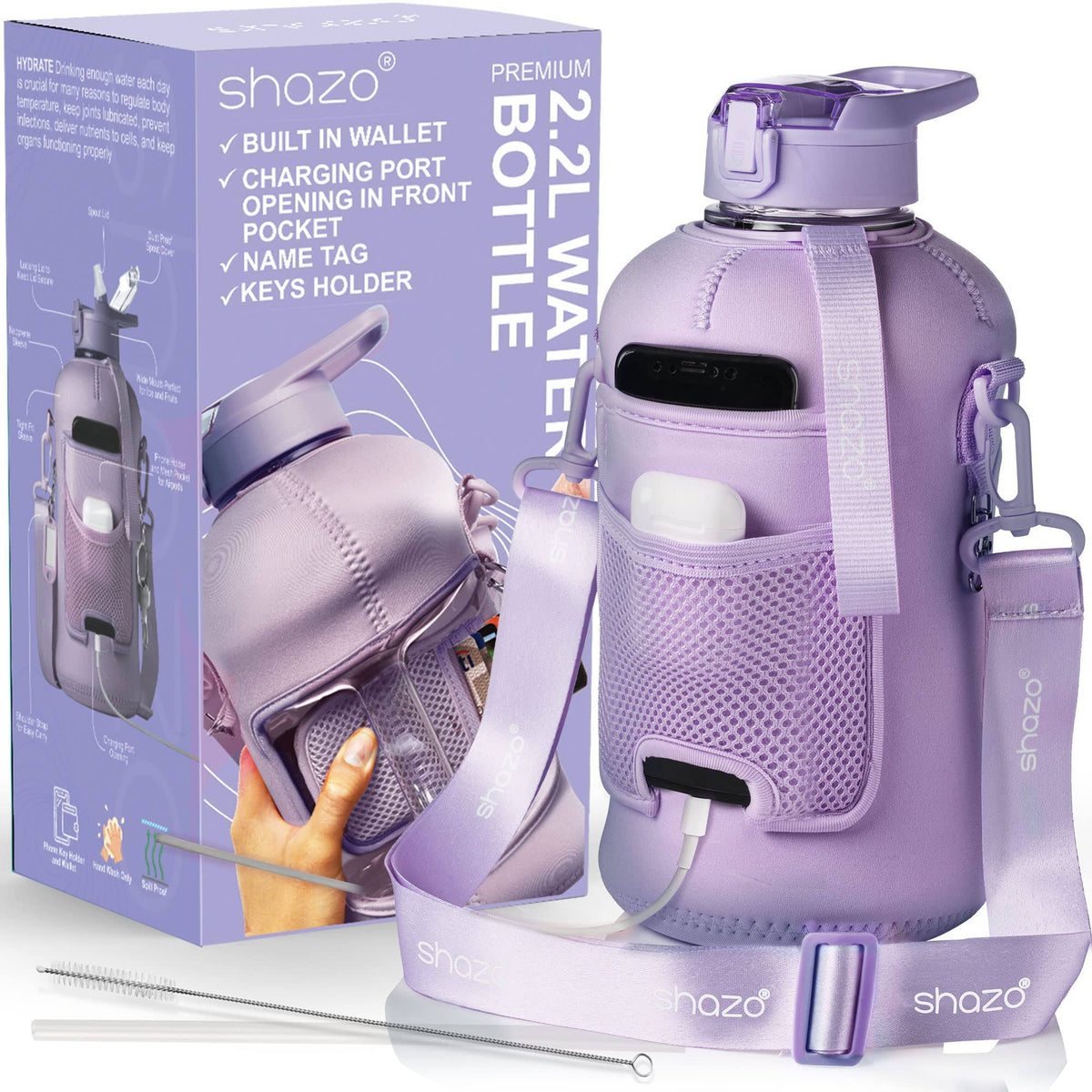 Shazo Kitchen Half Gallon 2.2L Water Bottle with Straw 74oz Large Gym Water Bottle with Storage Sleeve, Bottle Brush, Builtin Wallet, Pockets for Pho