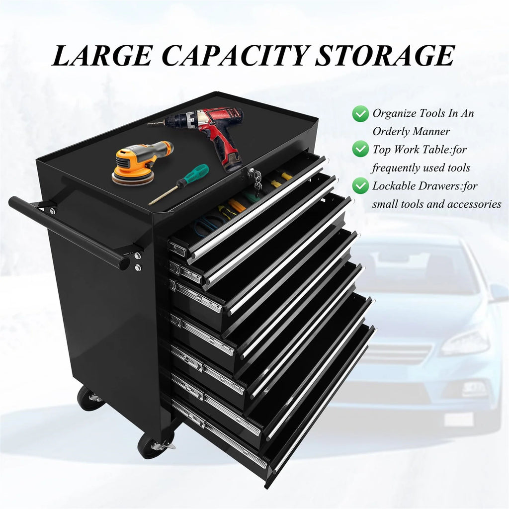 Aukfa Tool Chest, 24.5 in 7 - Drawer Steel Rolling Tool Box on Wheels for Workshop Garage, Red