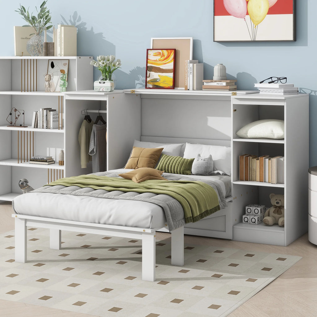 Euroco Wood Twin Size Murphy Bed with Wardrobe and Shelves for Kids Teens Living Room