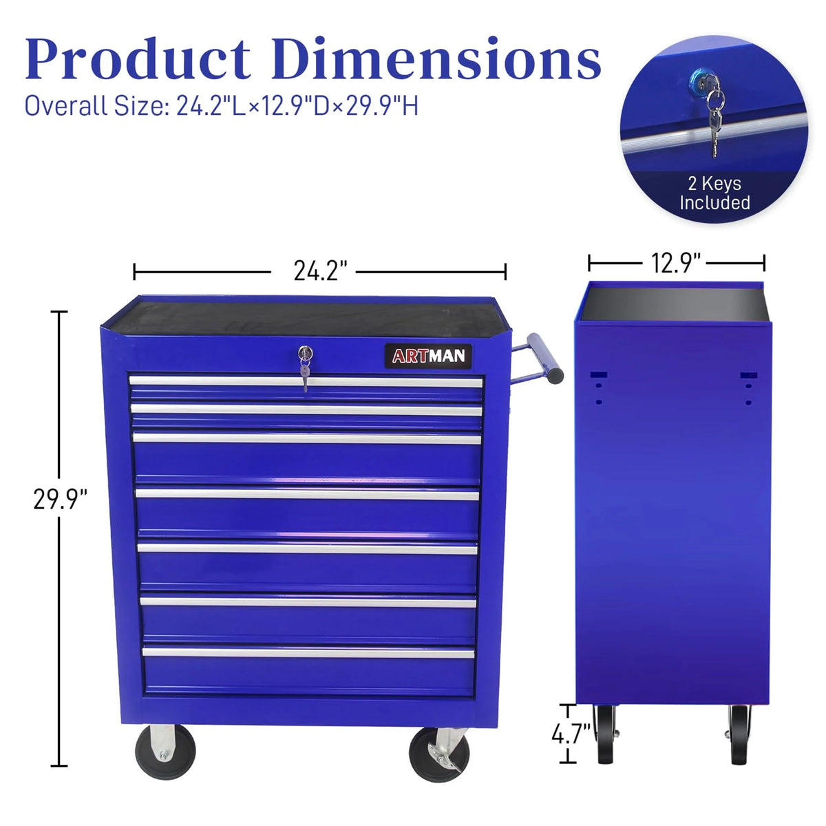 Aukfa Tool Chest, 24.5 in 7 - Drawer Steel Rolling Tool Box on Wheels for Workshop Garage, Red