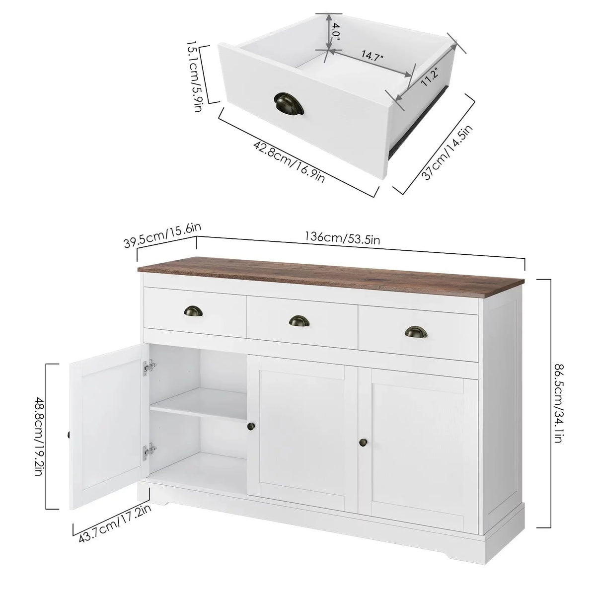 Homfa Sideboard Storage Cabinet with 3 Drawers & 3 Doors, 53.54'' Wide Buffet Cabinet for Dining Room, White