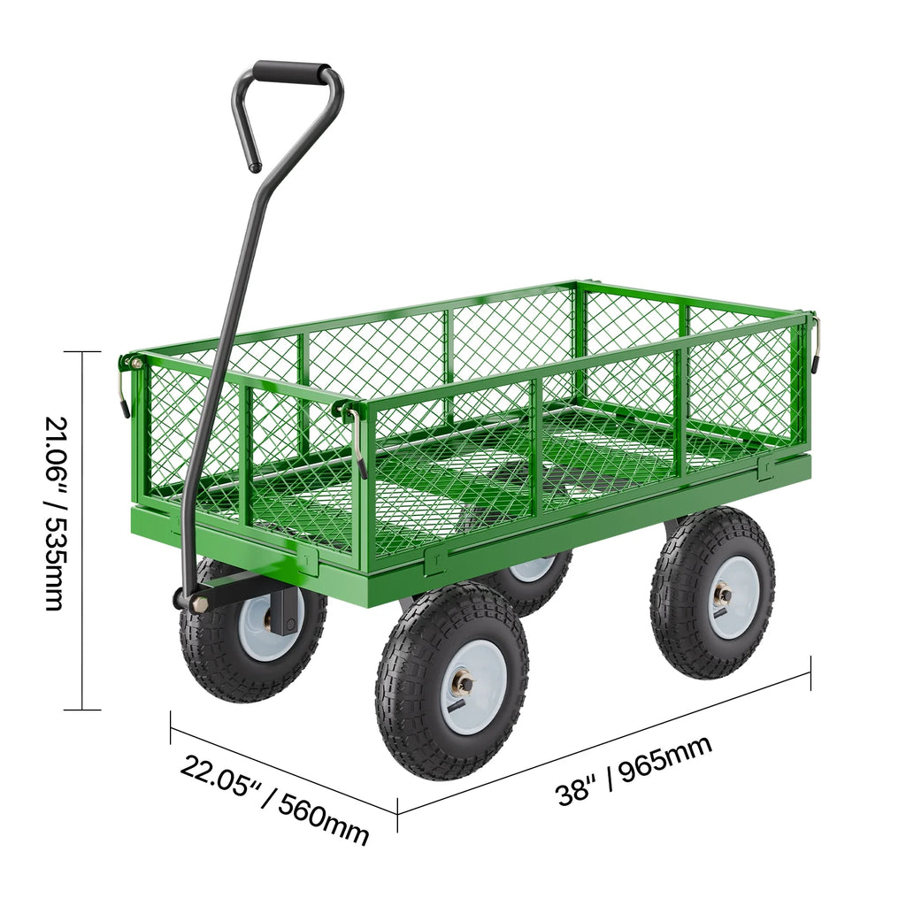 KFFKFF Mesh Steel Garden Cart 900 lb, 38 x 22 " Heavy Duty Utility Wagon Cart, Metal Garden Trolley with 10" Wheels, Removable Mesh Sides, 180swiveling Handle (Green)