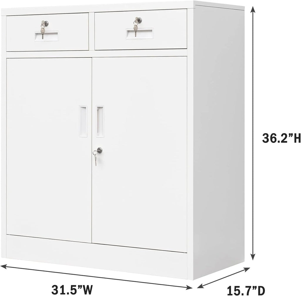 CMY Metal Storage Cabinet, 71" H x 32" W x 16" D Locking Cabinet with Adjustable Shelves and 2 Drawers, Steel Storage Cabinet for Office, Garage, Home, School, Utility Room - White