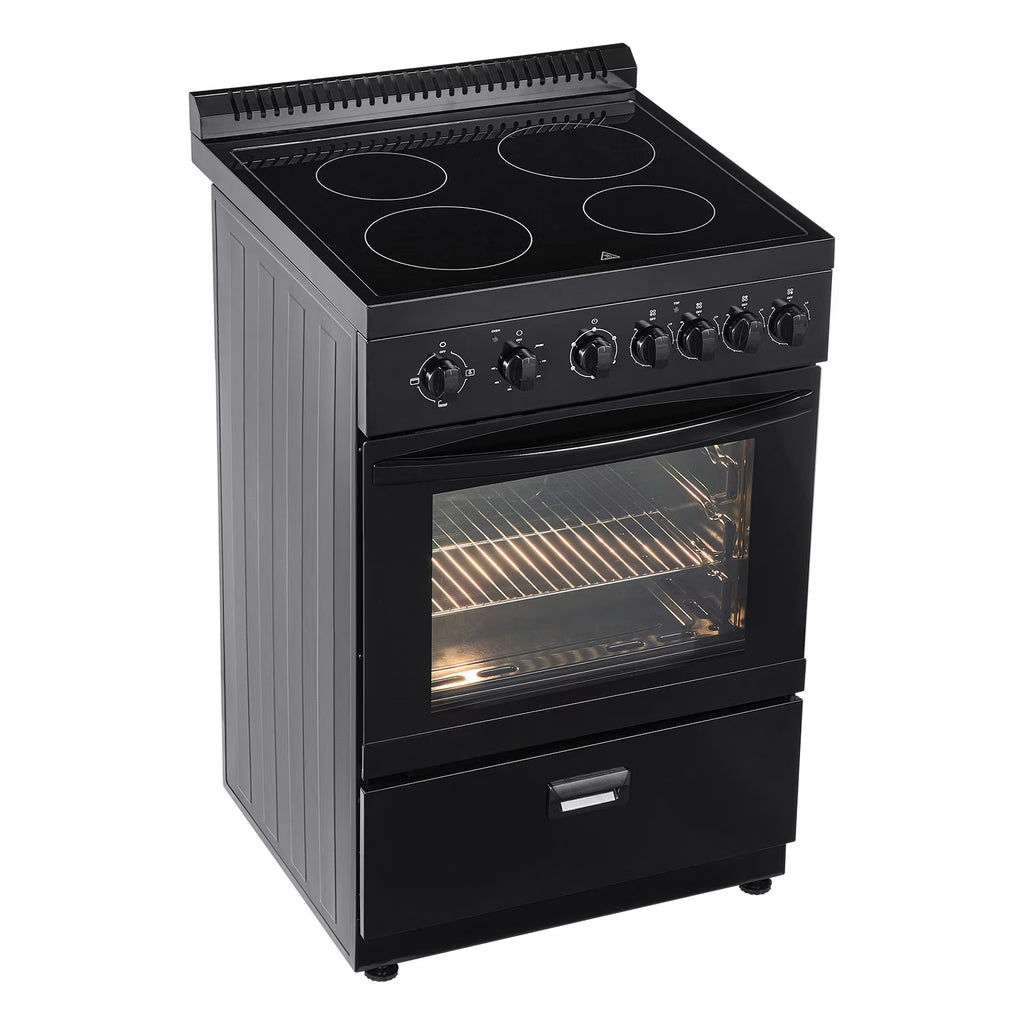 KFFKFF 24 - Inch Electric Range Oven, 2.7 Cu. Ft. Compact Freestanding Design, Stainless Steel Finish, Features 4 Burners, Adjustable Racks, Storage Drawer, Drip Pan, and Indicator Light, Black