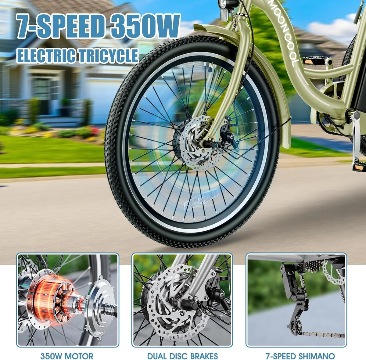 ABORON 24" 26" Electric Tricycles, 36V 10ah 350W Lithium Battery, 7 Speed E - Trike for Adults with Large Capacity Rear Basket & Adjustable Seat