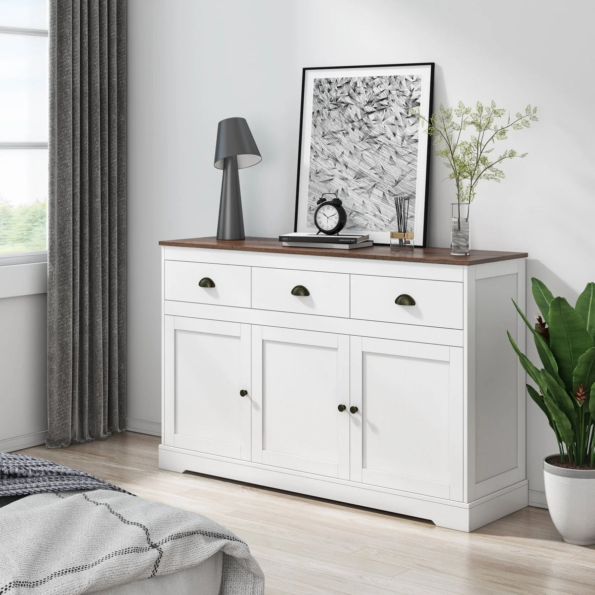 Homfa Sideboard Storage Cabinet with 3 Drawers & 3 Doors, 53.54'' Wide Buffet Cabinet for Dining Room, White