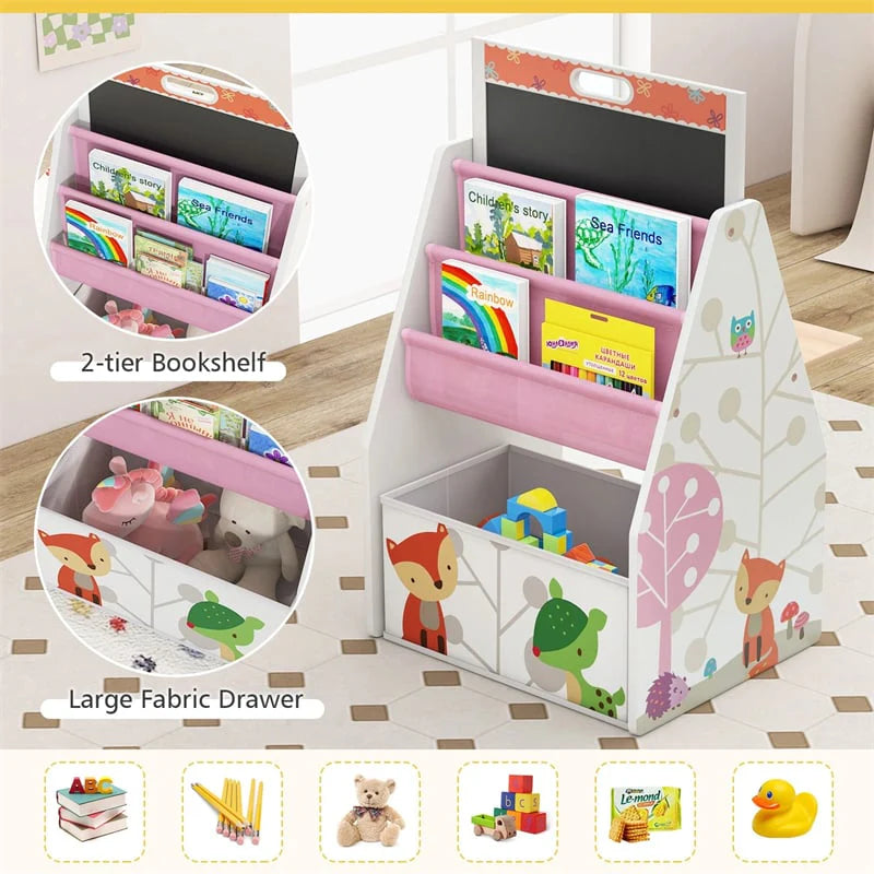 3-in-1 Kids Art Easel with Chair, Wooden Toddler Easel Table & Chair Set w/ Double-Sided Magnetic Whiteboard & Chalkboard, Bookshelf, Storage