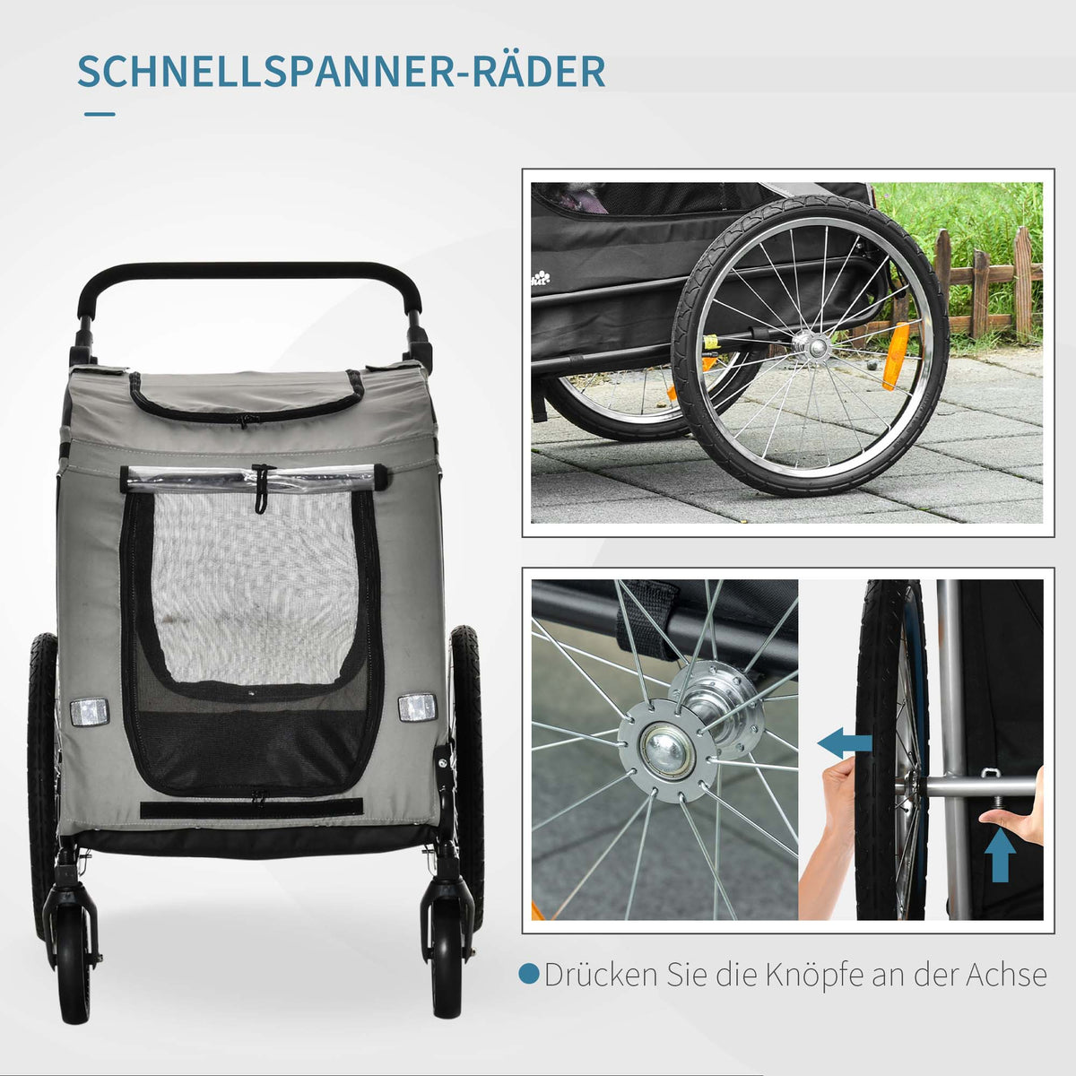 PawHut 2-in-1 Hundeanhänger Hundewagen Fahrradanhänger bis 20kg wasserfest Sicherheitsleine Reflektoren 140 cm x 72, 5 cm x 108 cm Grau