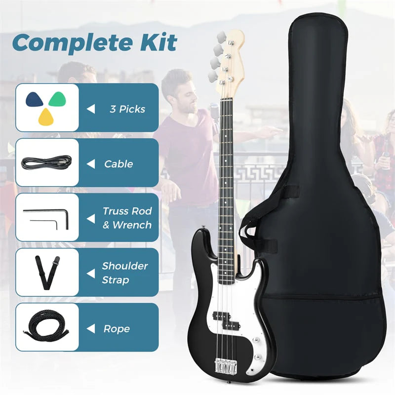 46" Right-handed Electric Bass Guitar, 4 Strings Full Size Bass Kit with Double Pickups, Open-gear Tuning, Gig Bag, Strap & Cable for Beginners