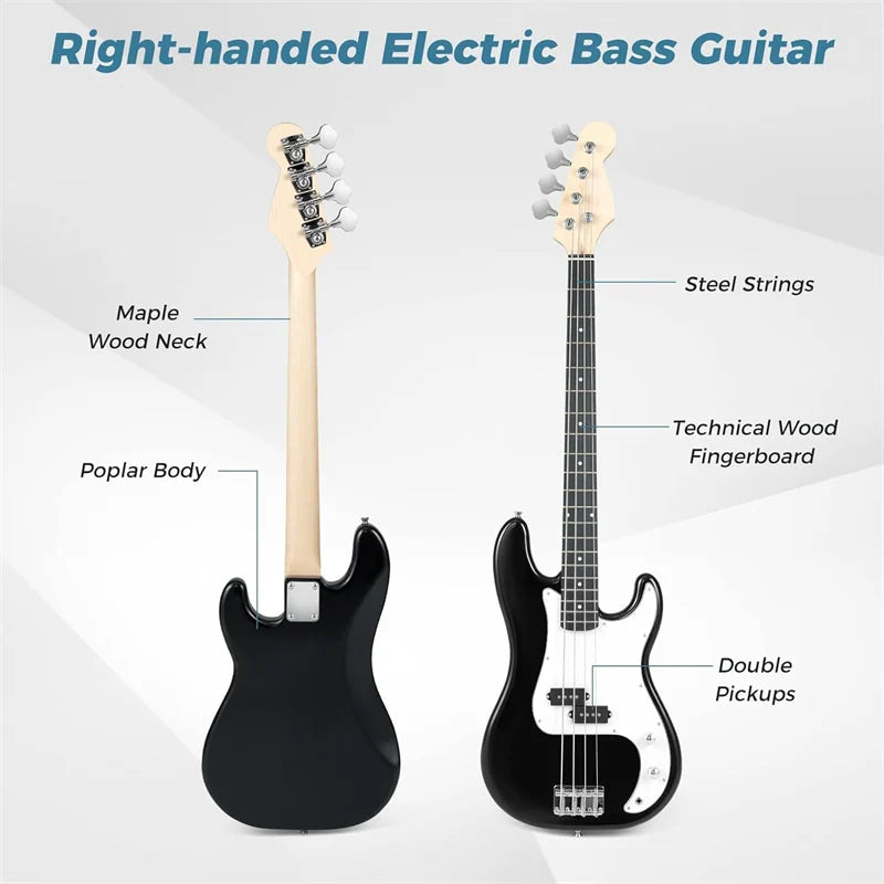 46" Right-handed Electric Bass Guitar, 4 Strings Full Size Bass Kit with Double Pickups, Open-gear Tuning, Gig Bag, Strap & Cable for Beginners