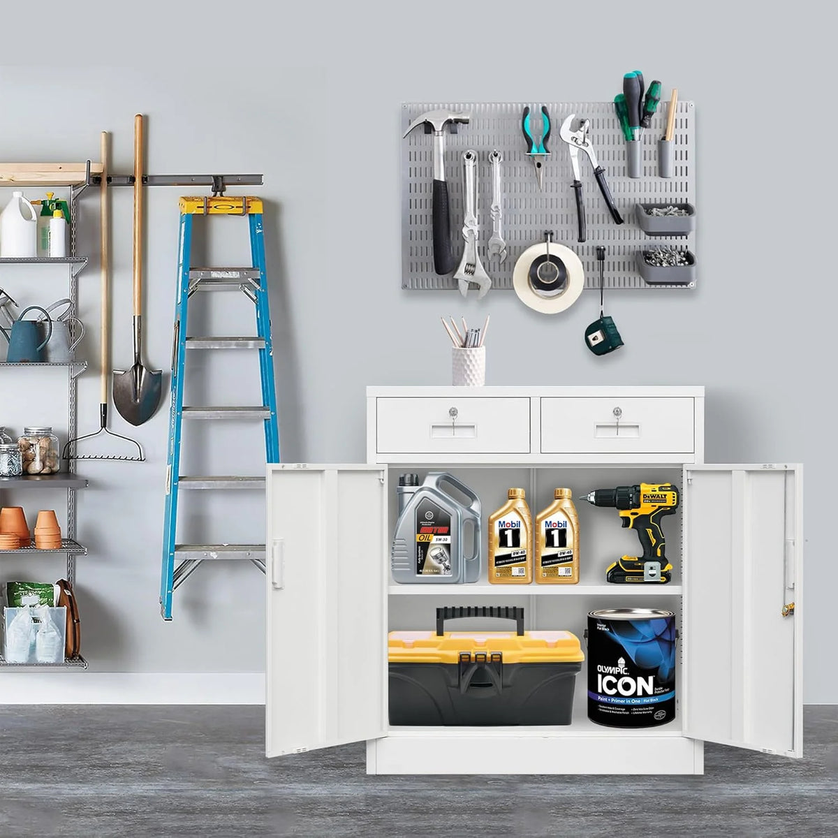 CMY Metal Storage Cabinet, 71" H x 32" W x 16" D Locking Cabinet with Adjustable Shelves and 2 Drawers, Steel Storage Cabinet for Office, Garage, Home, School, Utility Room - White