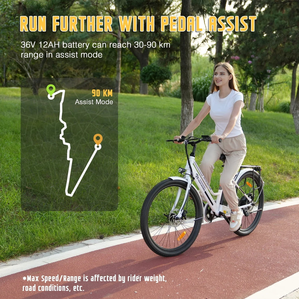 EVERCROSS Electric Bike, 26" Ebike, 500W Electric Bike for Adults, 36V Removable Battery, Max.speed 19.9MPH Electric Bicycle with LED Display, White