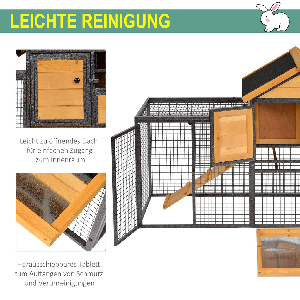 PawHut Kleintierstall mit Freigehege u. Rampe 122 cm x 63 cm x 92 cm Tannenholz Metall Hellgelb+Dunkelgrau