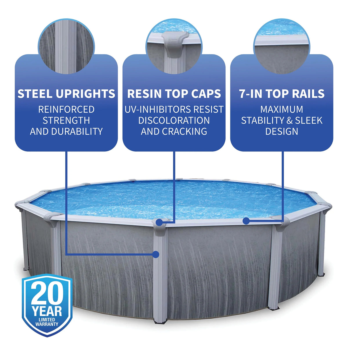 Blue Wave Martinique 15 - Ft Round 52 - in Deep 7 - in Top Rail Metal Wall Swimming Pool Package