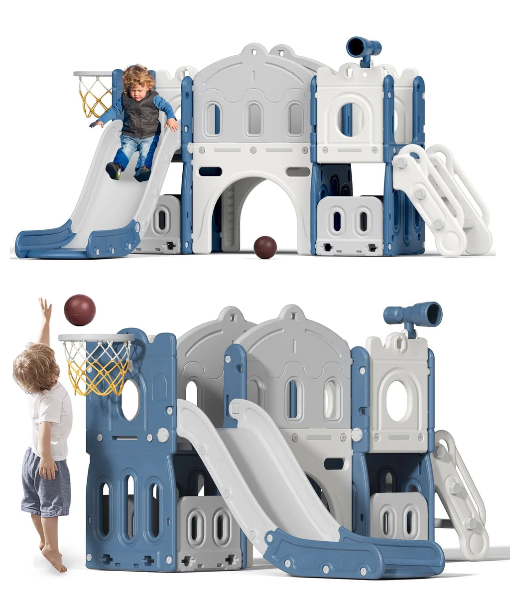 KORIMEFA 8 in 1 Kids Slide Set with Climber, Toddler Climber Slide Play Set with Basketball Hoop, Tunnel, Toddler Playground Outdoor Indoor Layground Slide Playset Age 1+