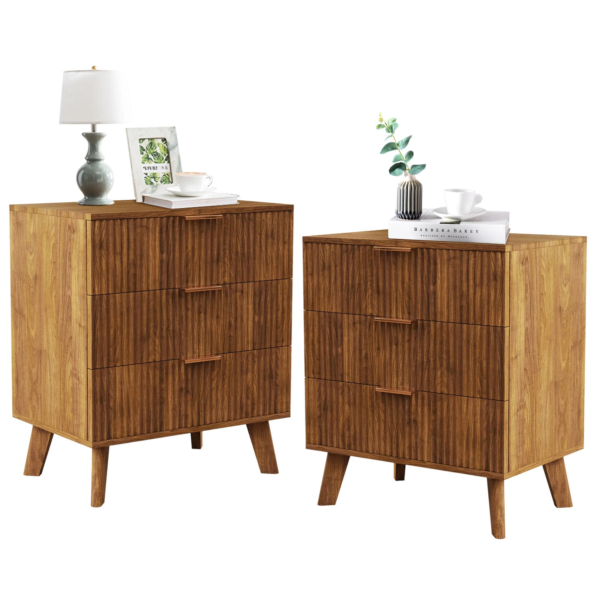 YOCWO Fluted Nightstand for Bedroom Set of 2, Wood Bedside Table Set of 2 with Drawers, Black