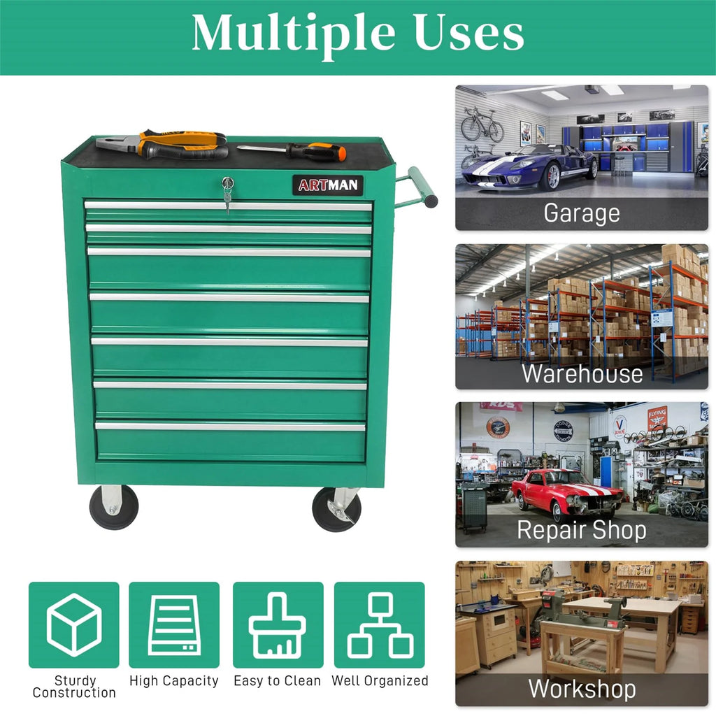 Aukfa Tool Chest, 24.5 in 7 - Drawer Steel Rolling Tool Box on Wheels for Workshop Garage, Red