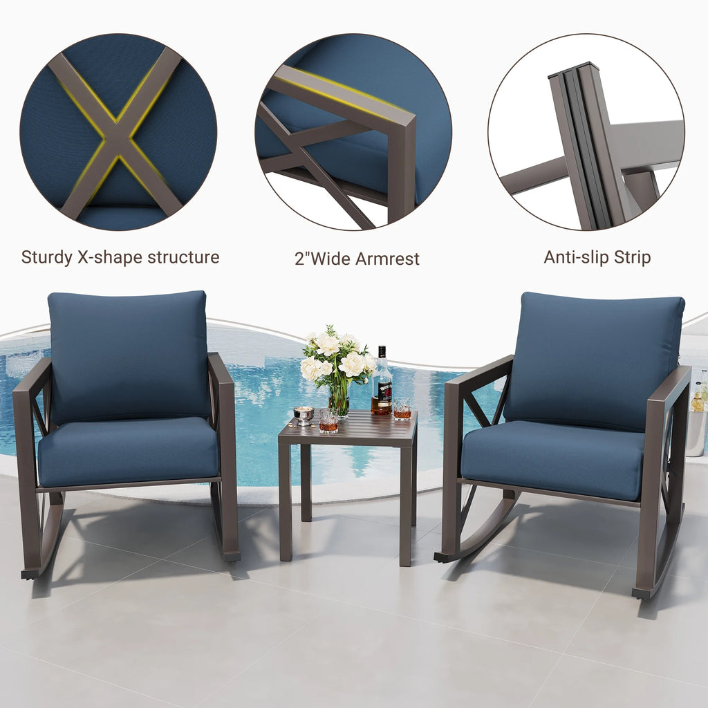 MRUAKA Rocking Chair Bistro Set, 3 Piece Outdoor Patio Furniture Set with 2 Rockers and 1 Metal Coffee Table with Thick Cushions for Porch, Backyard, Poolside, Beige