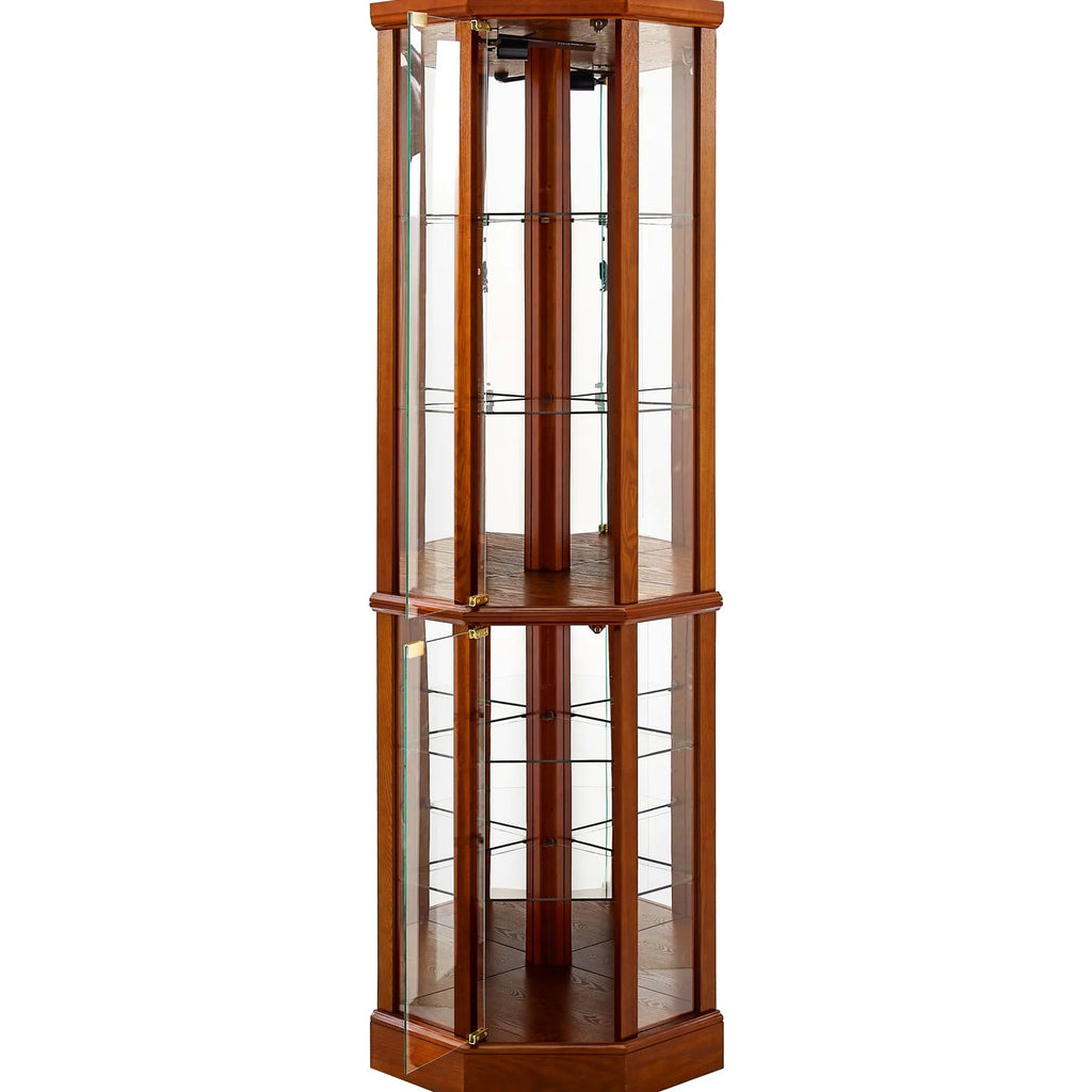 Walnut Cabinet with 6 Shelves, Adjustable Glass & Mirrored Back Design Shelf Lighted Corner Curio Shelves in