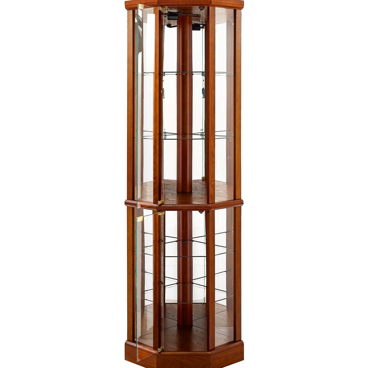 Walnut Cabinet with 6 Shelves, Adjustable Glass & Mirrored Back Design Shelf Lighted Corner Curio Shelves in