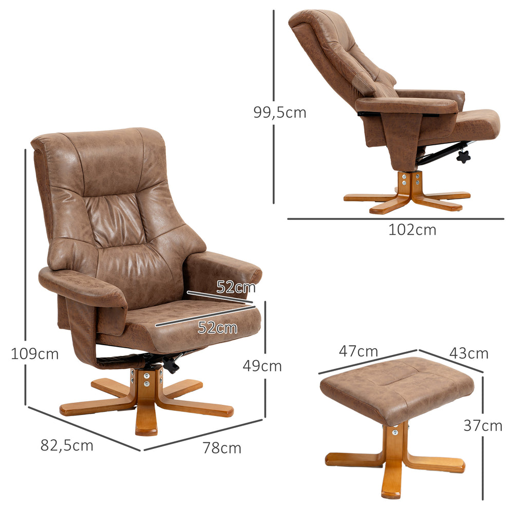 HOMCOM Relaxsessel mit Hocker, 360° drehbar, 135° neigbar, atmungsaktiver Bezug, 78 x 82,5 x 109 cm, braun