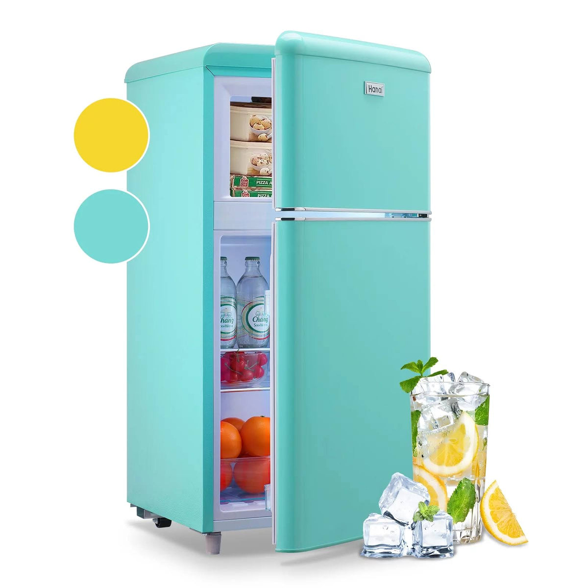WANAI 3.5 CU.FT Compact Refrigerator Dual Doors Mini Fridge with Freezer 7 Temp Adjustable Control Yellow