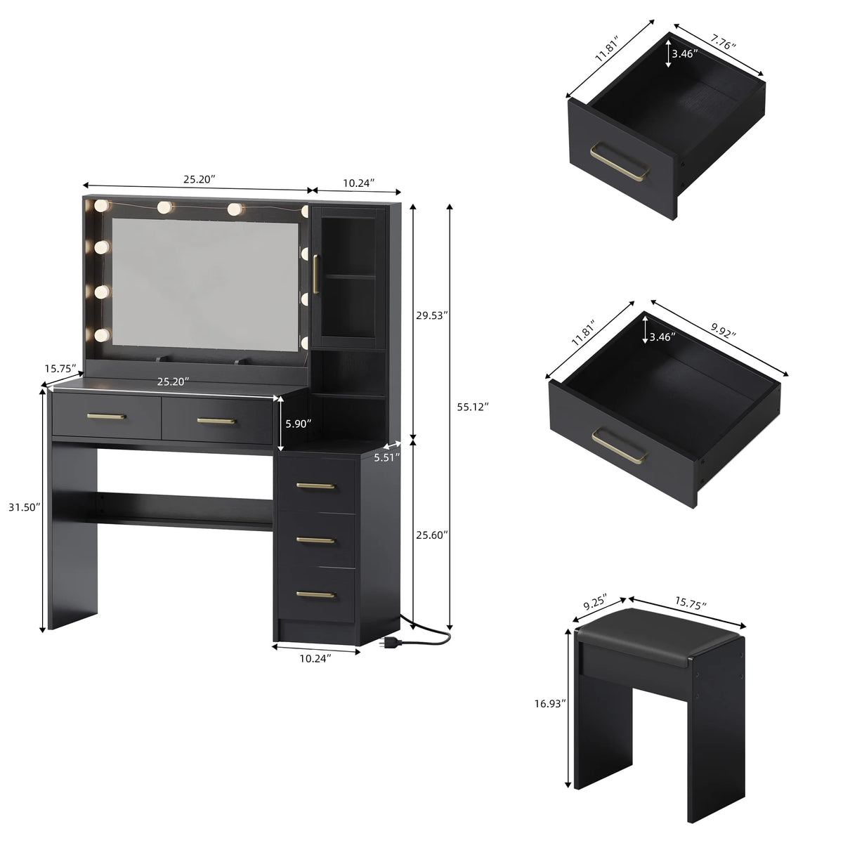 UGTOO 58.3" White Vanity Desk with Mirror, Adjustable Lighting, Power Outlet, Drawers, with Stool