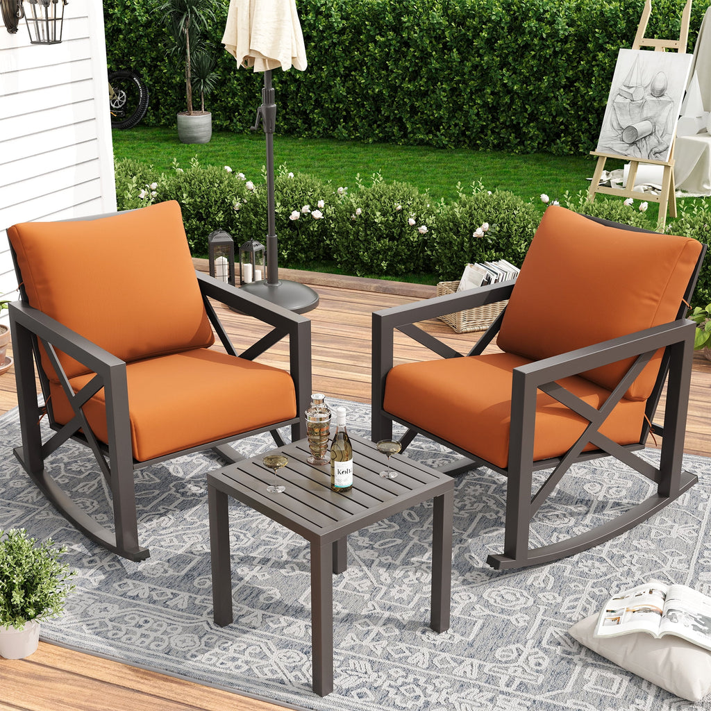 MRUAKA Rocking Chair Bistro Set, 3 Piece Outdoor Patio Furniture Set with 2 Rockers and 1 Metal Coffee Table with Thick Cushions for Porch, Backyard, Poolside, Beige