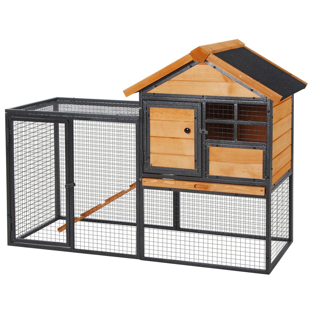 PawHut Kleintierstall mit Freigehege u. Rampe 122 cm x 63 cm x 92 cm Tannenholz Metall Hellgelb+Dunkelgrau
