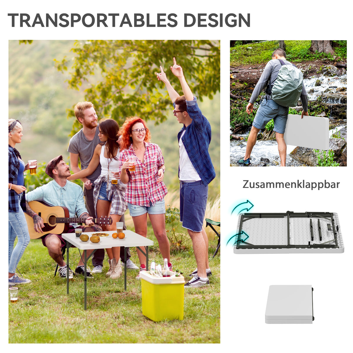 Outsunny Picknicktisch, Klappbarer Campingtisch, in zwei Höhen einstellbar, für Gartenpartys, Camping, Kunststoff, Metall, Weiß