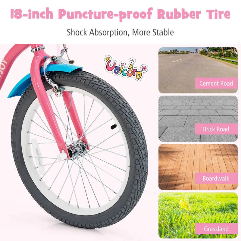 14"/18" Kids Bicycle with Removable Training Wheels, Coaster Brake, Handbrake, Basket & Doll Chair, Toddler Girls & Boys Bike for Age 3-9