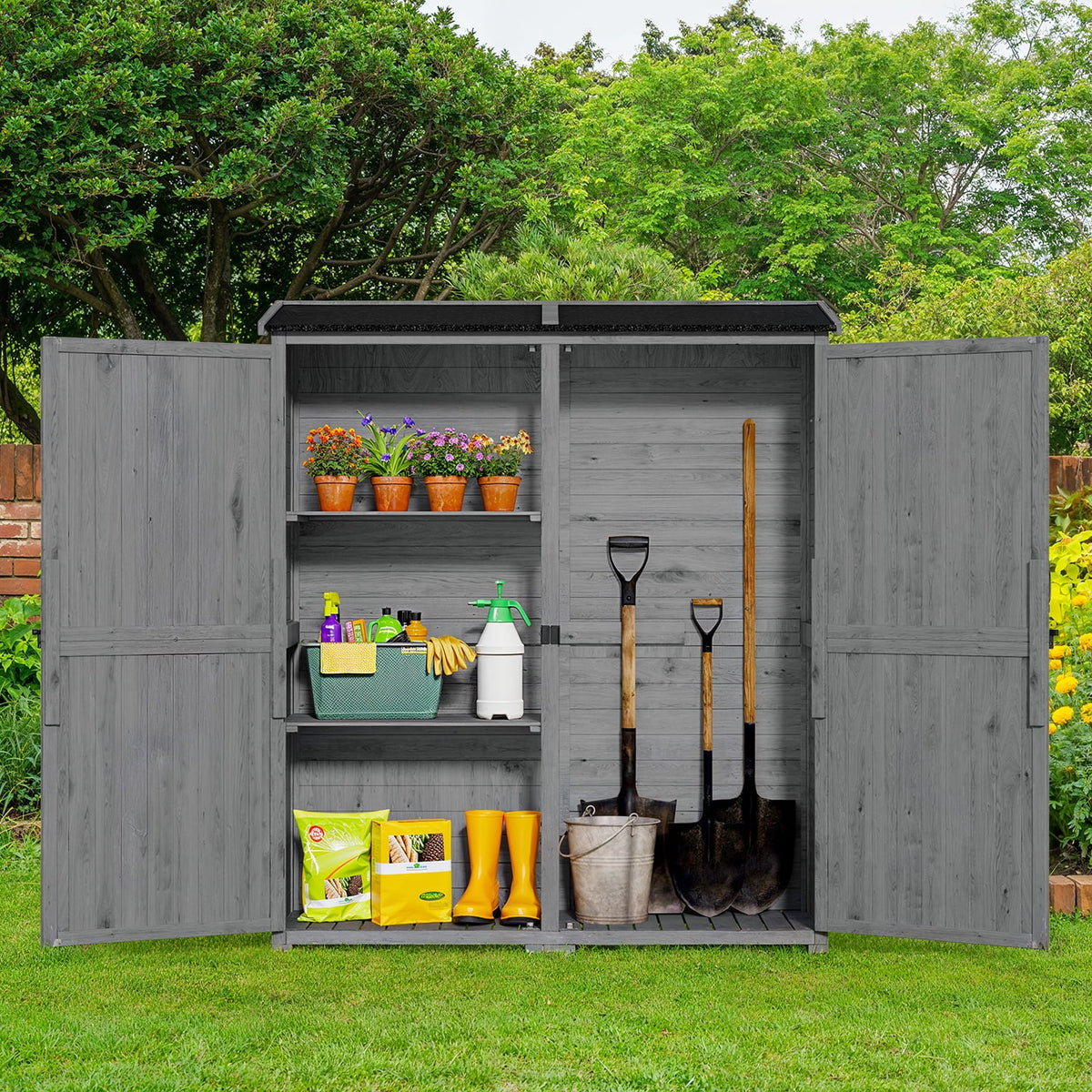 Aiho 55 Wide Outdoor Storage Shed with Lockable Double Doors - Weather - Resistant Garden Shed for Patio, Backyard & Lawn, Gray