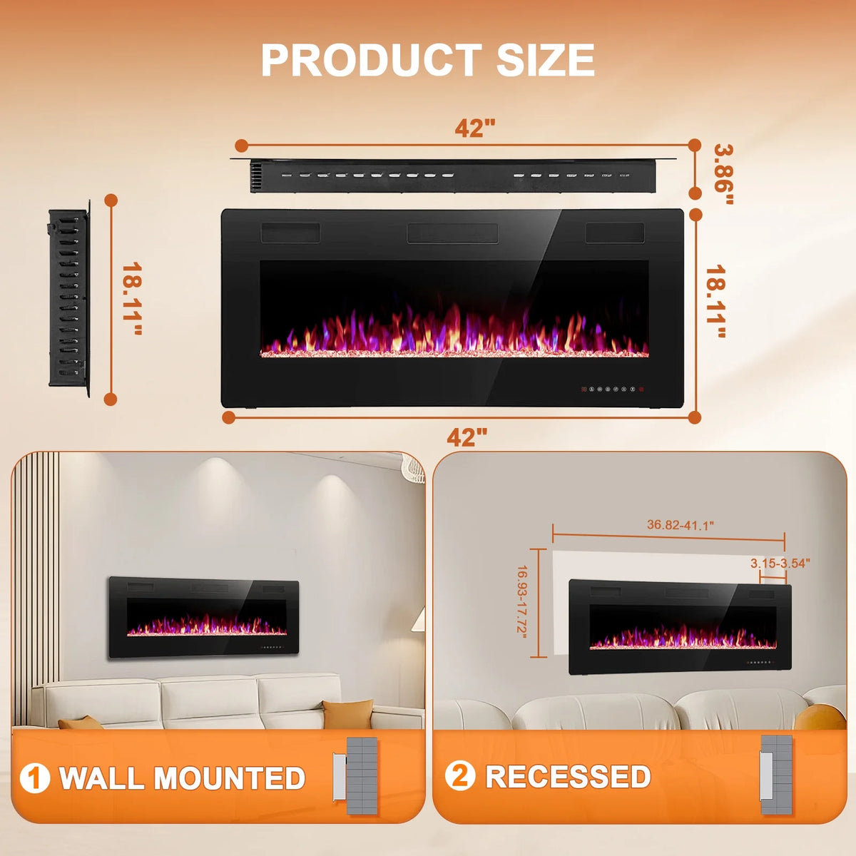 KISSAIR 60 Indoor Electric Fireplace Ultra Thin Fireplace, Wall Mounted Recessed Fireplace with Multiple Colors