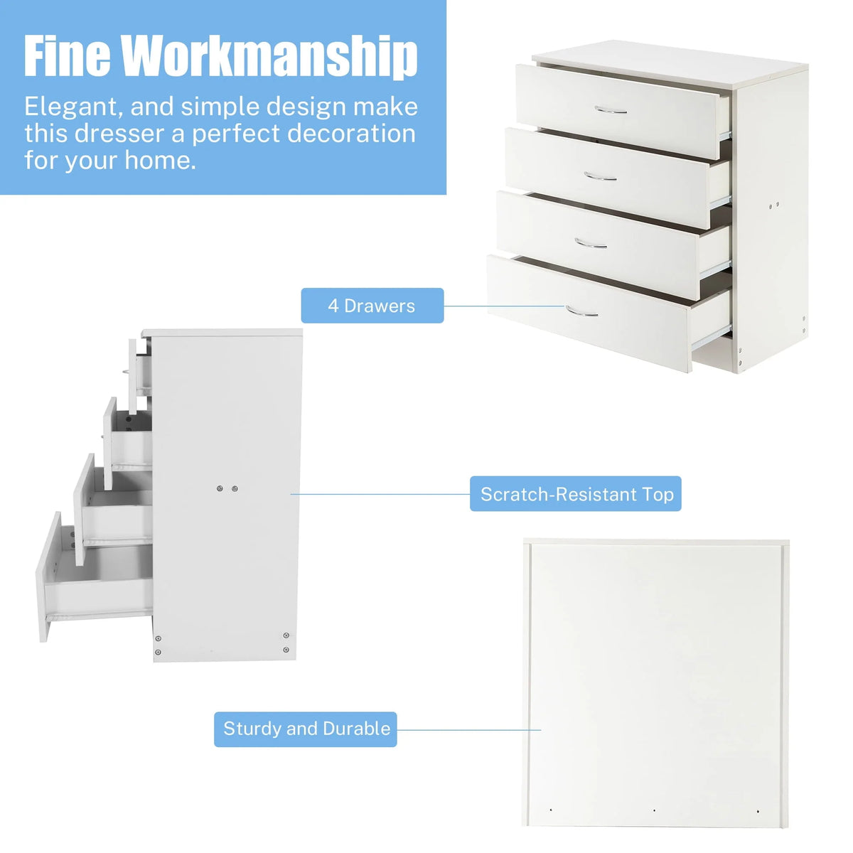 BTMWAY 4 Drawers Chest of Drawers, Wooden Chest of Drawers Storage Cabinet, Heavy Duty Wood Dresser Chest Cabinet for Bedroom, 25.98'' x 14'' x 22.05'', White