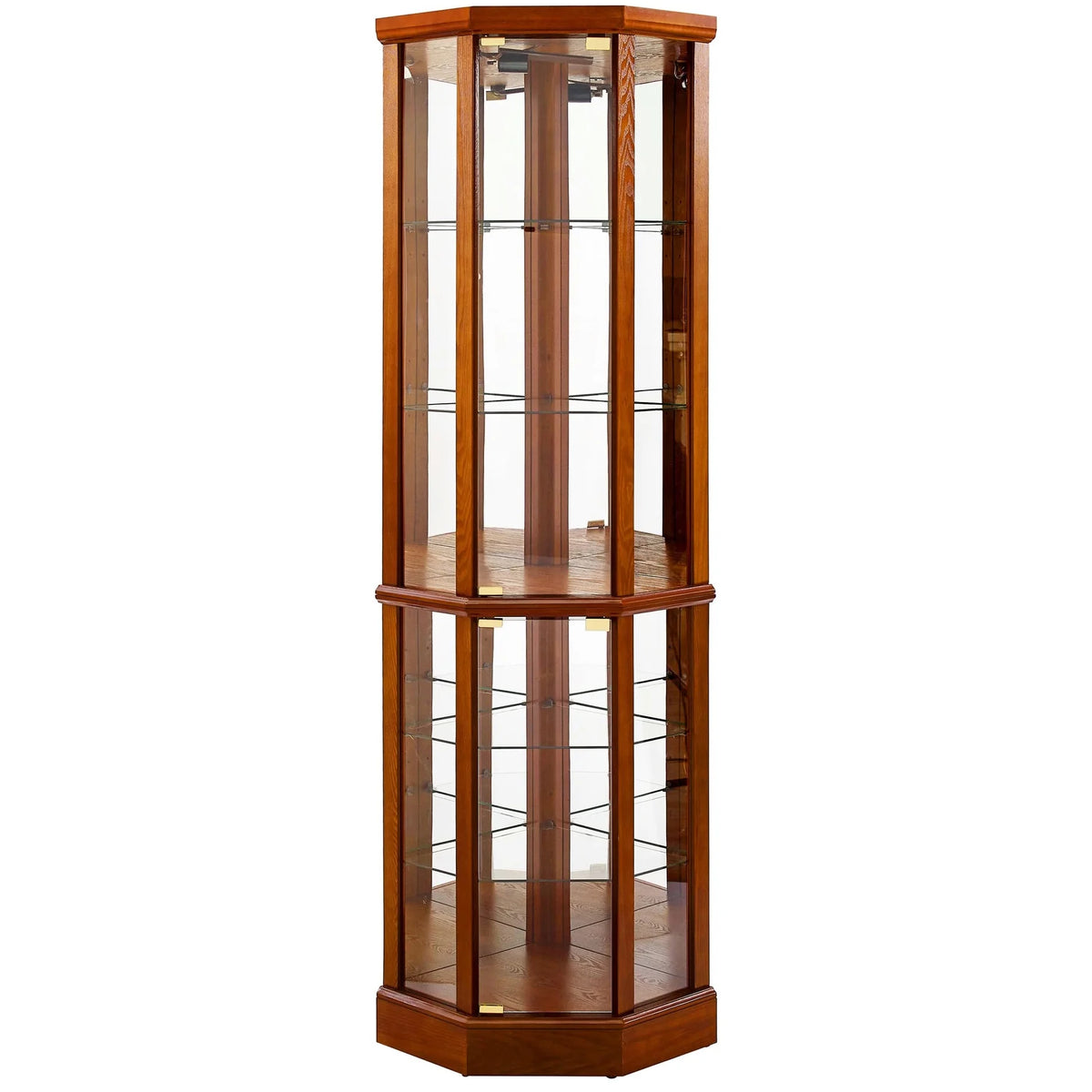 Walnut Cabinet with 6 Shelves, Adjustable Glass & Mirrored Back Design Shelf Lighted Corner Curio Shelves in